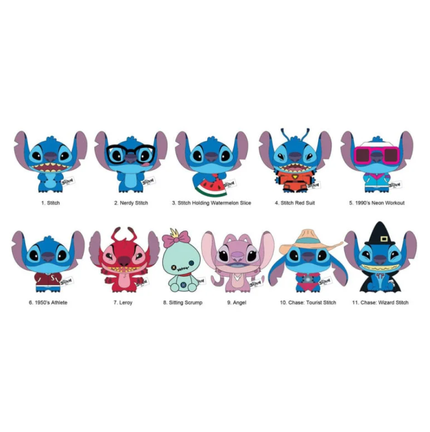 sachets mystères Stitch Plush Bag Clip, avec plusieurs versions peluche de Stitch et ses amis sur fond vert et violet, mettant en avant une collection à découvrir.