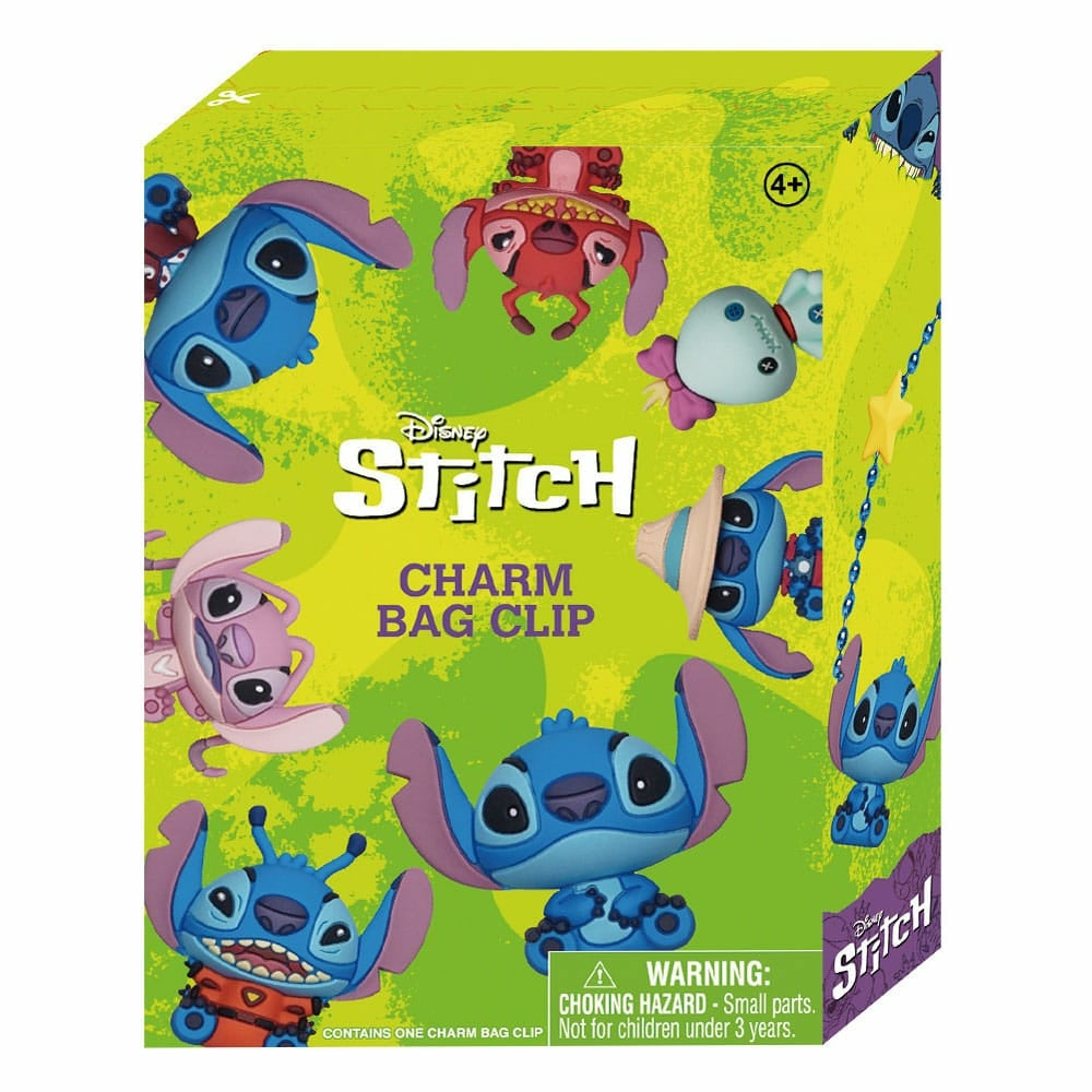 Boîte mystère Disney Stitch Charm Bag Clip, contenant un porte-clés à l’effigie de Stitch dans différentes tenues et expressions, sur un fond vert avec illustrations colorées.