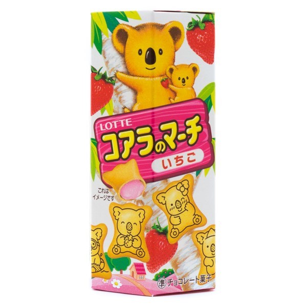 Boîte de biscuits japonais Lotte Koala no March goût fraise, avec biscuits en forme de koala et crème à la fraise.