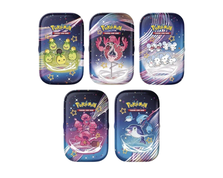 Mini Tin Box Pokémon Écarlate & Violet Destinées de Paldea – Boîte aléatoire avec 2 boosters, une carte illustrée et une boîte métallique collector.
