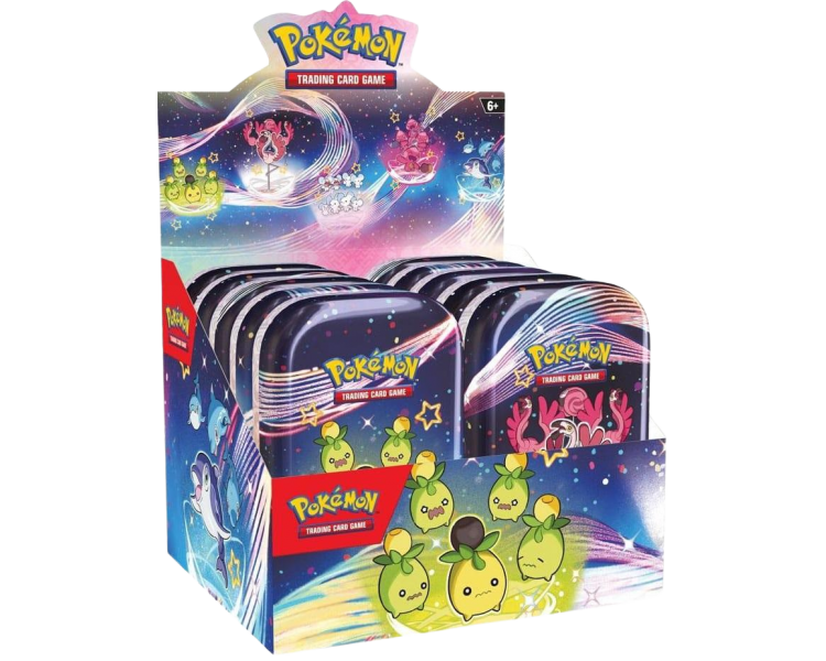 Mini Tin Box Pokémon Écarlate & Violet Destinées de Paldea – Boîte aléatoire avec 2 boosters, une carte illustrée et une boîte métallique collector.
