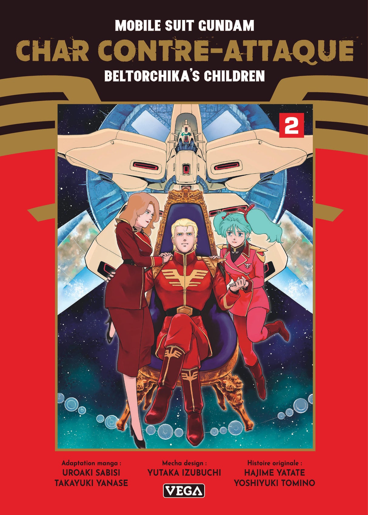 Couverture du manga Mobile Suit Gundam – Char Contre-Attaque : Beltorchika’s Children Tome 2 avec Char assis sur un trône entouré de deux personnages et un mobile suit en arrière-plan.