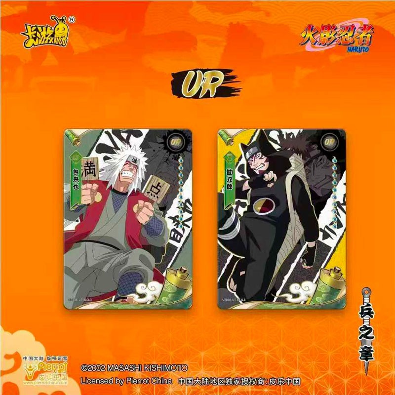 Booster de cartes Naruto illustré avec les personnages principaux, produit de la gamme Cartes Naruto Kayou sur fond orange.