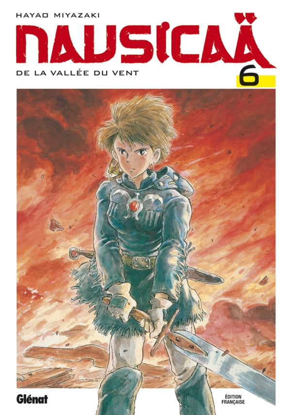 Couverture du manga "Nausicaä de la Vallée du Vent" tome 6 par Hayao Miyazaki, édition française Glénat, avec Nausicaä debout devant un paysage en flammes.