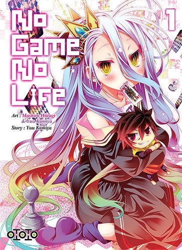manga No Game No Life Tome 1 montrant Shiro, aux longs cheveux multicolores et portant une couronne, tenant Sora dans ses bras.