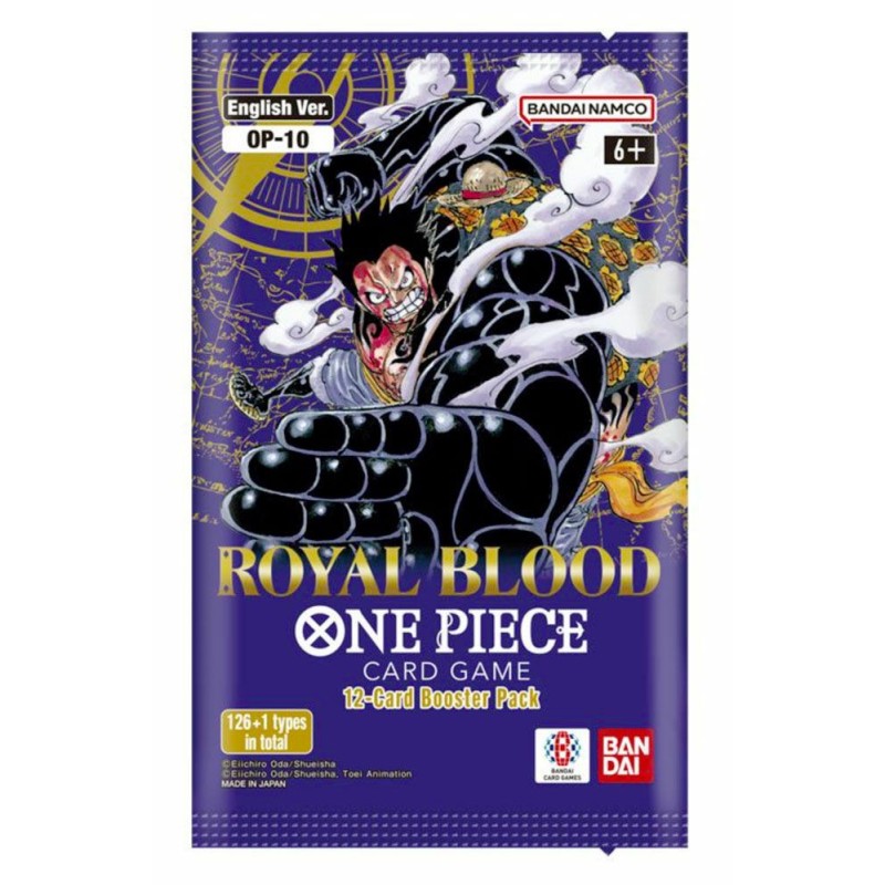booster pack One Piece Card Game Royal Blood OP-10 (version anglaise). Luffy apparaît en premier plan dans une posture de combat dynamique, avec des effets de fumée, sur un fond violet décoré d’éléments dorés.
