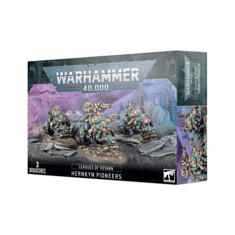 Boîte Warhammer 40,000 Ligues de Votann Pionniers Hernkyn contenant 3 figurines Citadel montées sur véhicules antigrav.