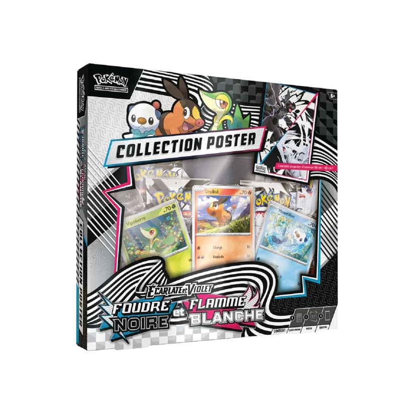 Coffret Pokémon Collection Poster Foudre Noire & Flamme Blanche avec 3 cartes promo, 3 boosters et un poster collector.