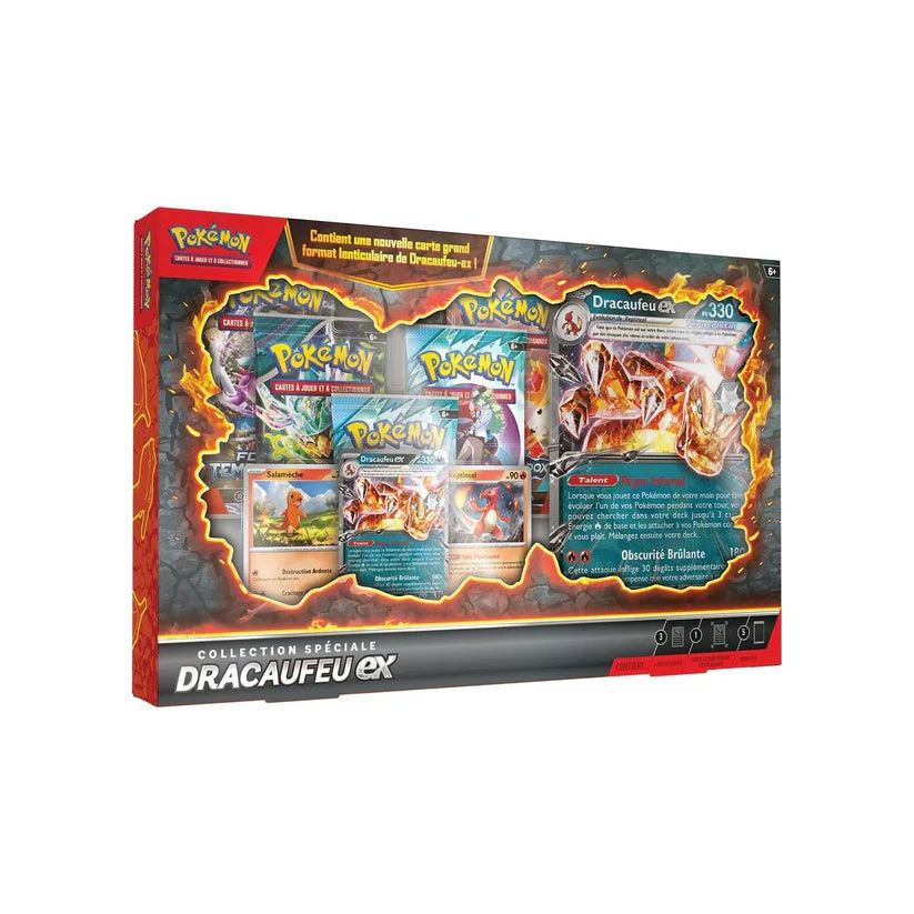 Coffret Pokémon Collection Spéciale Dracaufeu EX avec carte lenticulaire, cartes promo et boosters.