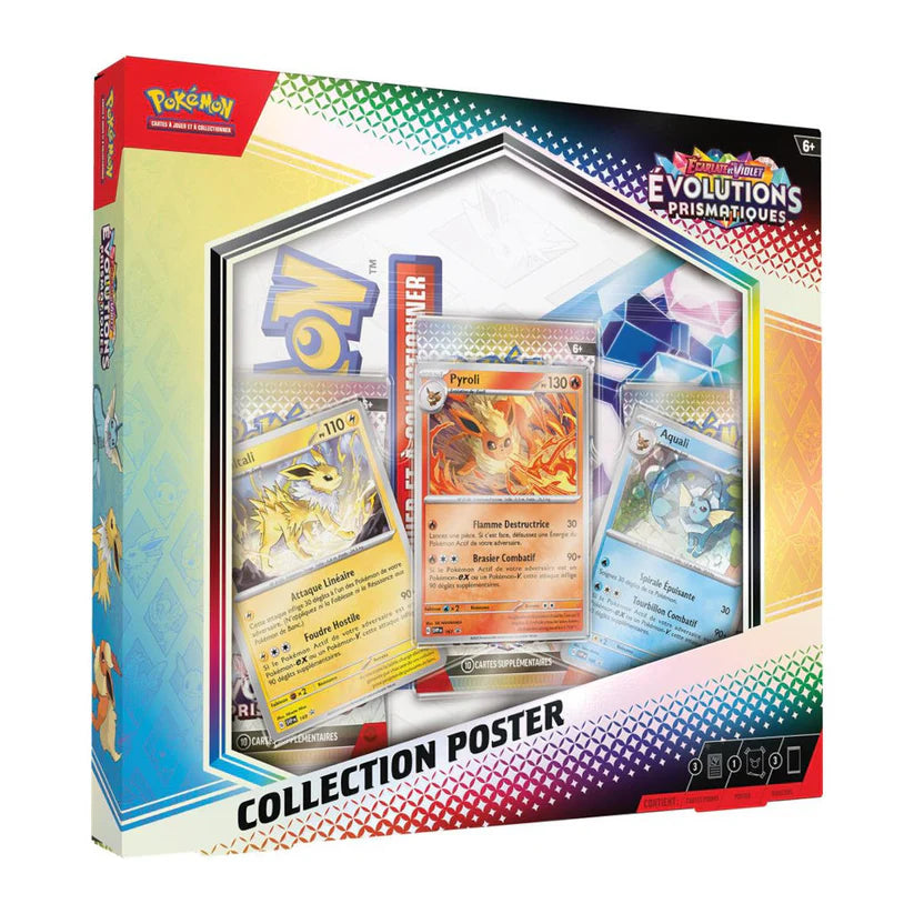 Coffret Pokémon Écarlate & Violet Évolutions Prismatiques Collection Poster avec 3 cartes promo exclusives, 3 boosters et un poster collector.