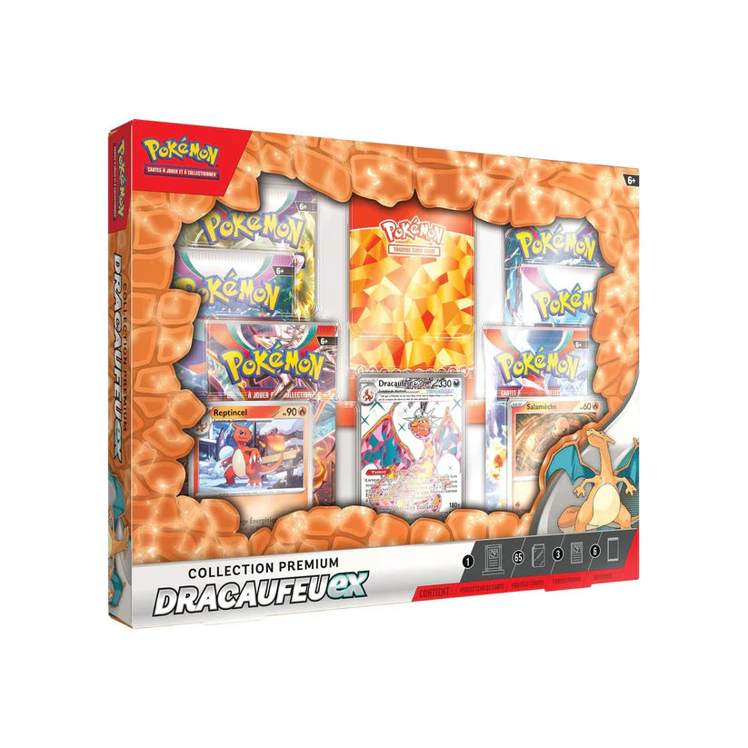 Coffret Pokémon JCC Collection Premium Dracaufeu EX avec cartes promo, boosters, deck box et sleeves.