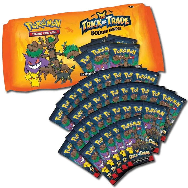 Pack de cartes Pokémon Trick or Trade Halloween avec 35 mini boosters illustrés de Gengar, Pikachu, Umbreon et Trevenant.