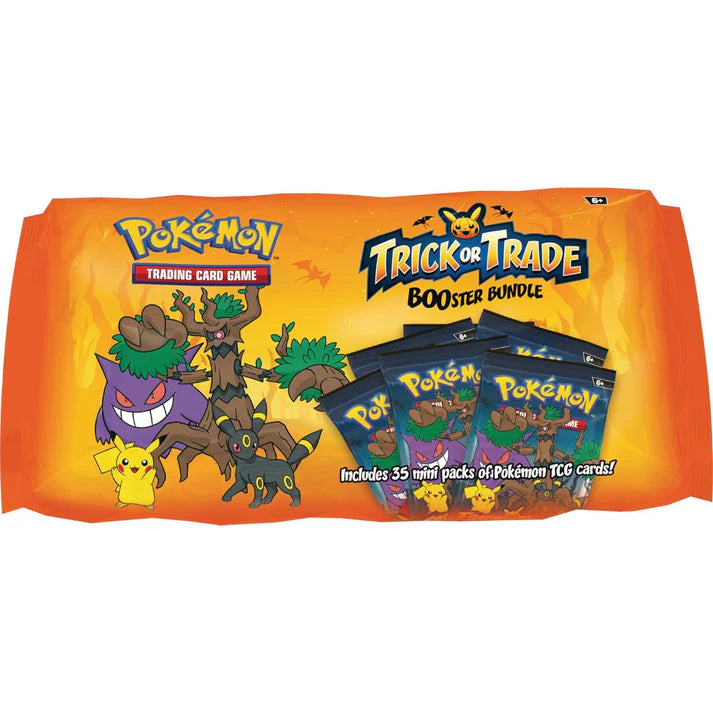 Pack de cartes Pokémon Trick or Trade Halloween avec 35 mini boosters illustrés de Gengar, Pikachu, Umbreon et Trevenant.