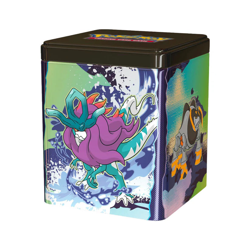 Pokébox Cube Pokémon Série 04 en métal, illustrée avec des Pokémon et contenant 2 boosters et 1 carte brillante.