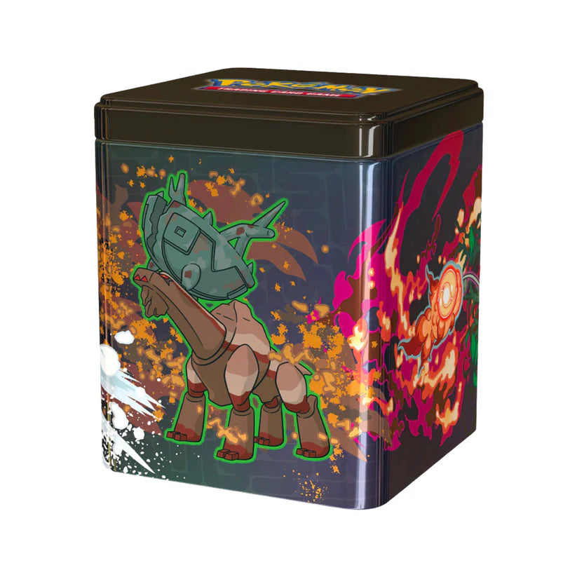 Pokébox Cube Pokémon Série 04 en métal, illustrée avec des Pokémon et contenant 2 boosters et 1 carte brillante.
