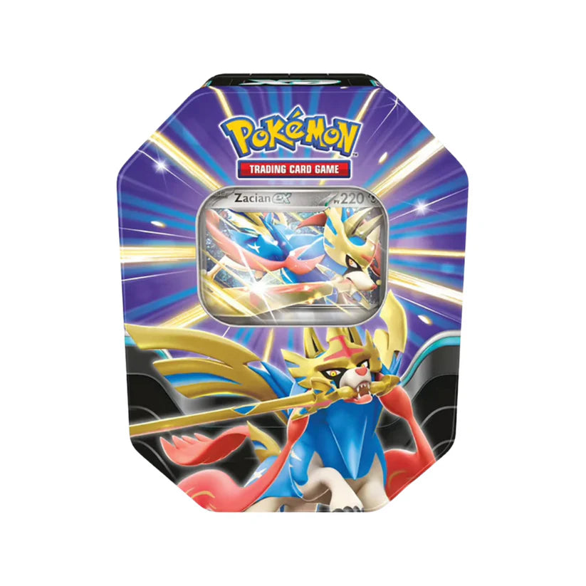 Pokébox Pokémon Zacian EX avec carte promo et 4 boosters JCC dans une boîte métallique collector.