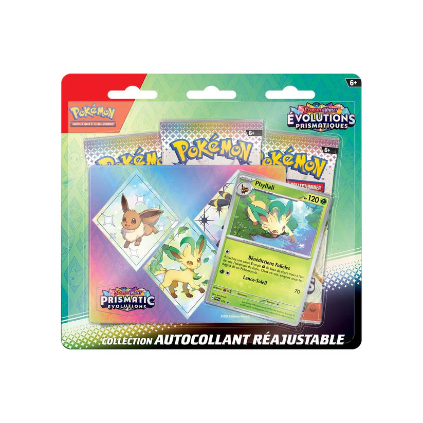 Tripack Pokémon Écarlate & Violet Évolutions Prismatiques Phyllali – carte promo + autocollants réajustables.
