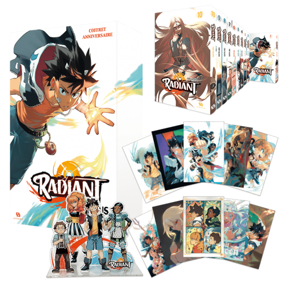 Coffret anniversaire collector Radiant – 10 tomes, illustrations, figurines cartonnées et goodies exclusifs