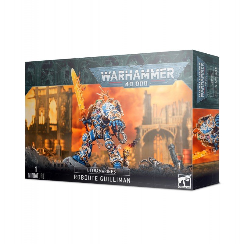 Boîte Warhammer 40,000 Ultramarines Roboute Guilliman contenant 1 figurine Citadel du Primarque avec armure bleue, épée flamboyante et gantelet.