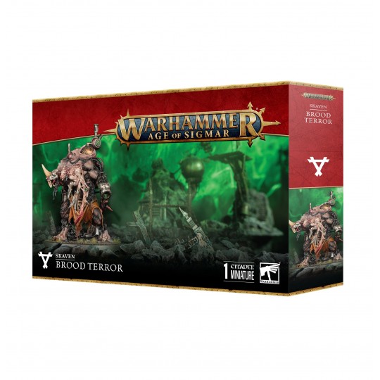 Boîte Warhammer Age of Sigmar Skaven Terreur des Terriers avec figurine monstrueuse dans un décor vert sombre.