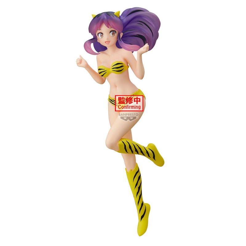 Figurine Urusei Yatsura Glitter & Glamours Lum Sparkle par Banpresto avec cheveux violets et tenue tigrée jaune.