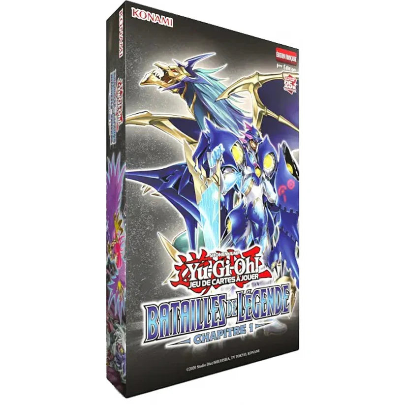 Coffret Yu-Gi-Oh! Batailles de Légende Chapitre 1 en français avec visuel de dragon bleu et guerrier légendaire.