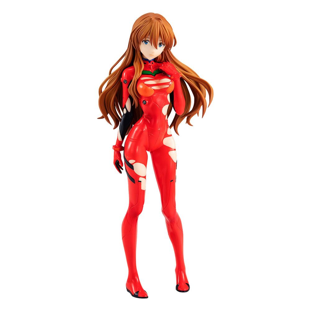 Figurine Pop Up Parade de Asuka Langley Soryu (Rebuild of Evangelion) en combinaison rouge endommagée, avec une posture déterminée et des détails fidèles à l’anime.