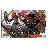 Maquette 30 Minutes Fantasy 30MF Class Up Armor Dragonia Lord rouge avec ailes, cornes et grande épée sur fond blanc.