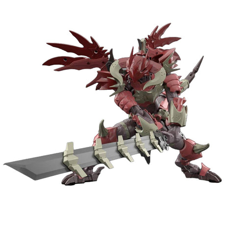 Maquette 30 Minutes Fantasy 30MF Class Up Armor Dragonia Lord rouge avec ailes, cornes et grande épée sur fond blanc.