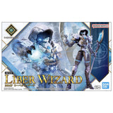 Maquette 30 Minutes Fantasy 30MF Liber Wizard en armure grise et blanche avec capuche, masque sombre et long bâton de mage.