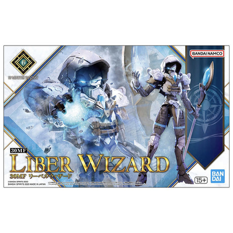Maquette 30 Minutes Fantasy 30MF Liber Wizard en armure grise et blanche avec capuche, masque sombre et long bâton de mage.