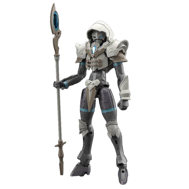 Maquette 30 Minutes Fantasy 30MF Liber Wizard en armure grise et blanche avec capuche, masque sombre et long bâton de mage.