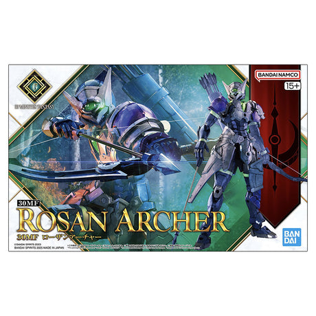 Maquette 30 Minutes Fantasy 30MF Rosan Archer en armure violette et noire, tenant un arc avec carquois dans le dos sur fond blanc.