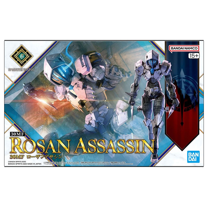 Maquette 30 Minutes Fantasy 30MF Rosan Assassin en armure grise et noire, accroupie avec lames courtes sur fond blanc.