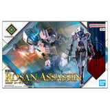 Maquette 30 Minutes Fantasy 30MF Rosan Assassin en armure grise et noire, accroupie avec lames courtes sur fond blanc.