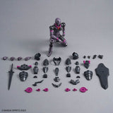 Maquette 30 Minutes Fantasy 30MF Rosan Knight en armure noire et violette avec épée, bouclier et casque de chevalier sur fond blanc.