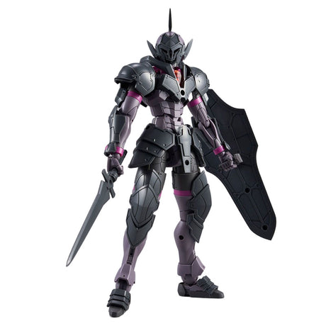 Maquette 30 Minutes Fantasy 30MF Rosan Knight en armure noire et violette avec épée, bouclier et casque de chevalier sur fond blanc.
