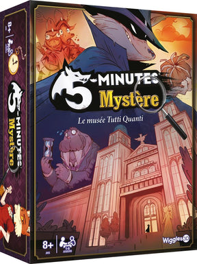 Boîte du jeu 5 Minutes Mystère Le musée Tutti Quanti avec animaux enquêteurs, musée et loupe dans une ambiance mystérieuse.