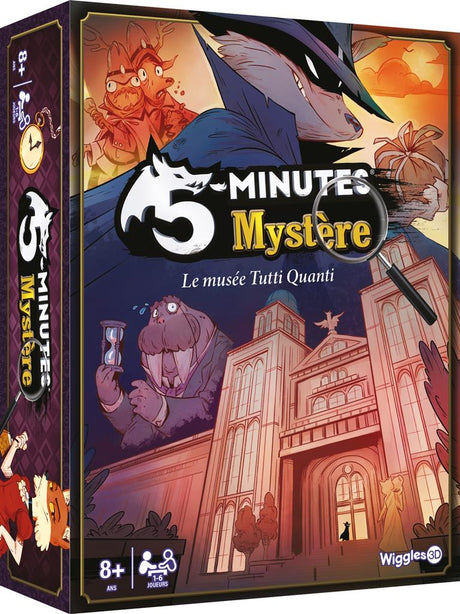 Boîte du jeu 5 Minutes Mystère Le musée Tutti Quanti avec animaux enquêteurs, musée et loupe dans une ambiance mystérieuse.