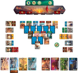 Boîte du jeu 7 Wonders Duel avec guerrier grec, personnage égyptien, pyramides et cité antique au coucher du soleil.