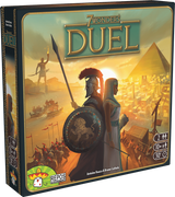 Boîte du jeu 7 Wonders Duel avec guerrier grec, personnage égyptien, pyramides et cité antique au coucher du soleil.