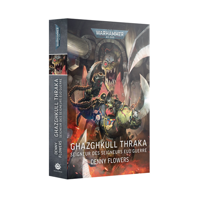 roman Warhammer 40,000 Ghazghkull Thraka Seigneur des Seigneurs Eud’Guerre de Denny Flowers, avec un ork massif en armure au milieu des flammes.