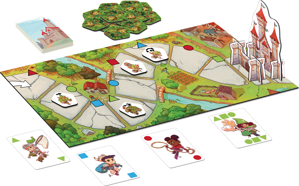 Boîte du jeu Attrape Monstres avec enfants aventuriers poursuivant des monstres près d’un château, illustration colorée et familiale.