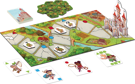 Boîte du jeu Attrape Monstres avec enfants aventuriers poursuivant des monstres près d’un château, illustration colorée et familiale.