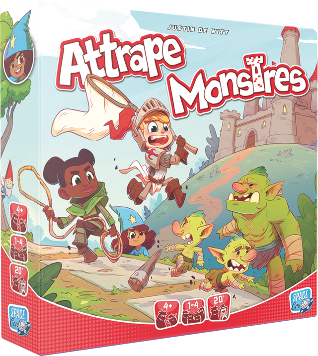 Boîte du jeu Attrape Monstres avec enfants aventuriers poursuivant des monstres près d’un château, illustration colorée et familiale.