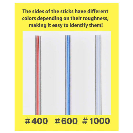 Set de 10 bâtonnets abrasifs Mini Sanding Stick Bandai Spirits pour Gunpla et maquettes, avec surfaces grises et bordures rouges, bleues et grises sur fond blanc.