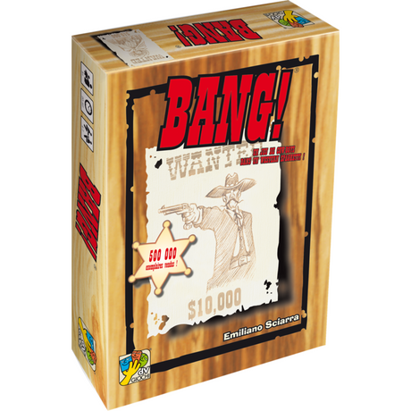 Boîte du jeu de cartes Bang! de Emiliano Sciarra, avec packaging effet bois, grand logo rouge Bang!, affiche de cowboy recherché et étoile de shérif indiquant 500 000 exemplaires vendus.