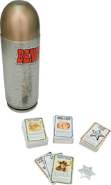 Coffret collector Bang! The Bullet de dV Giochi, boîte métallique en forme de balle de revolver avec pointe dorée, corps argenté gravé et logo Bang! rouge.