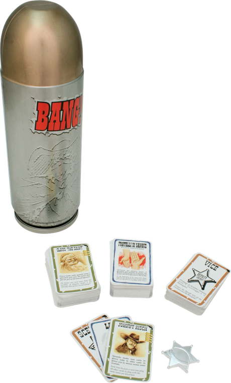 Coffret collector Bang! The Bullet de dV Giochi, boîte métallique en forme de balle de revolver avec pointe dorée, corps argenté gravé et logo Bang! rouge.