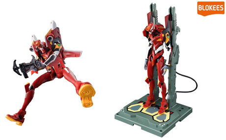 Figurine Blokees Evangelion Eva Unit 02 rouge en position de combat avec socle de présentation legacy edition